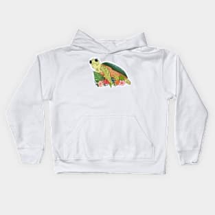 Cartoon turtle With Grass And Flowers, Tortoise Lovers Kids Hoodie